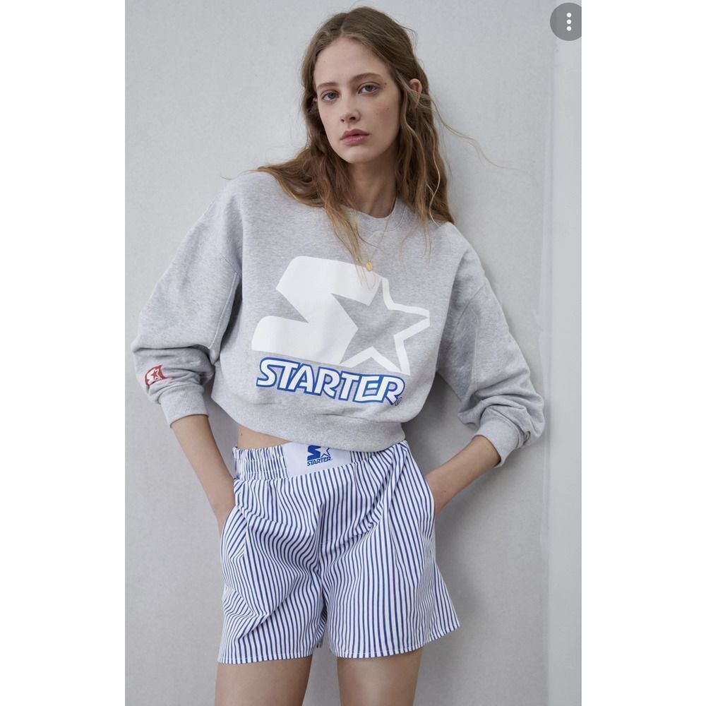 Zara x Starter Cropped Sweatshirt Gray Long Sleeves Graphic Logo Gray Medium‎